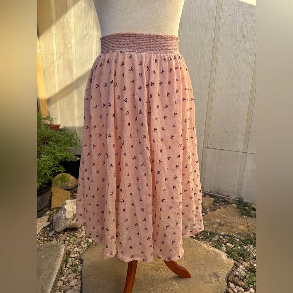 Vintage New Romantics Free People Pink Mesh Midi Skirt Floral Embroidery Boho